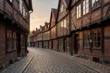 Cobblestone streets and timber buildings of Haga in Gothenburg Sweden