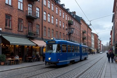 Blue street tram passing brick tenements and cafes in Grunerlokka Oslo