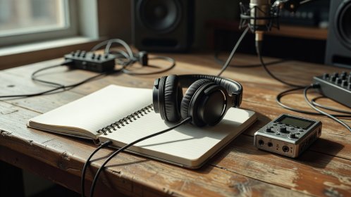 A notebook and headphones resting on a wooden studio table beside an audio player