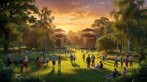 Lush Swedish park greenery at golden hour with open stage towers and casual festival crowd