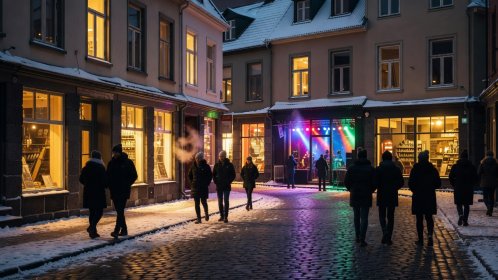 Downtown Reykjavik winter streets illuminated by shop windows and music venue entrance lights