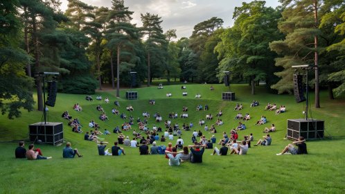 Green city park bowl surrounded by trees with outdoor sound towers and audiences on gentle grass slopes