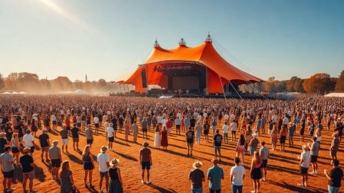Vast crowd gathered before iconic canopy orange tent stage during Danish summer afternoon