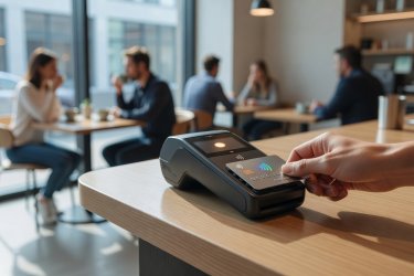 Contactless payment terminal with debit card tap transaction in contemporary cafe