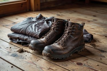 Durable waterproof walking boots and folded breathable shell jacket on timber floor