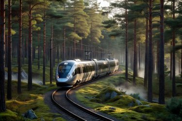 Modern high-speed electric passenger train winding through Swedish pine forest