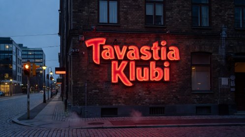 Historic neon sign of Tavastia Klubi outside Kamppi street corner